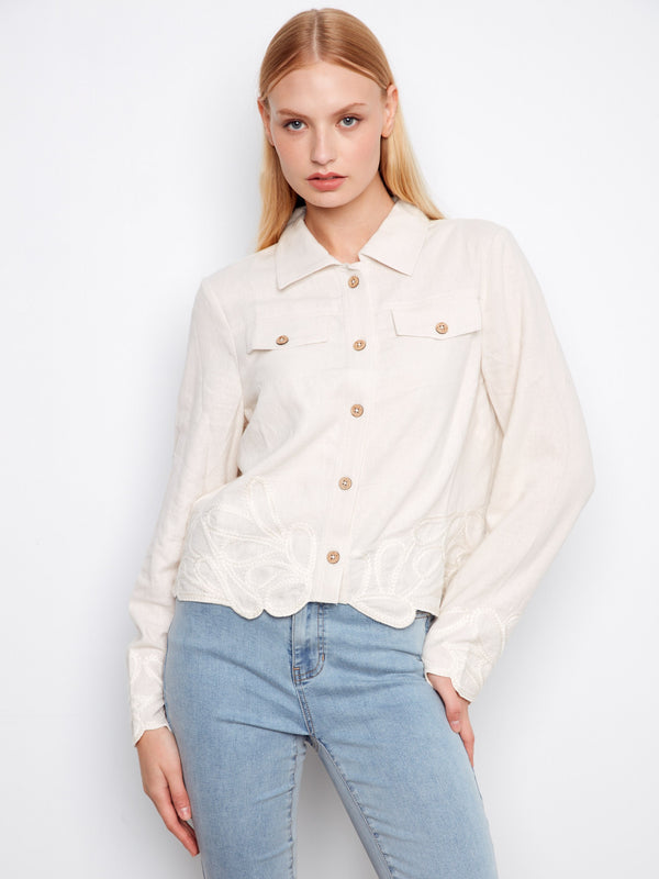 Faux flap pockets give this jacket a trendy look while maintaining practicality for everyday wear by Charlie B.