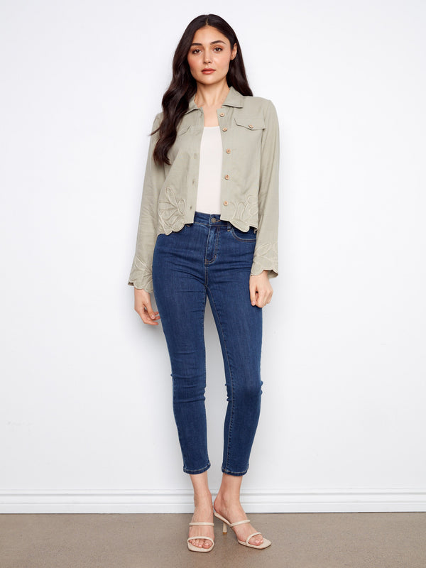 Embroidered Hem Linen Blend Jacket - Sage