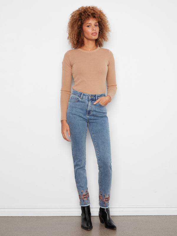 Embroidered Hem Slim Leg Jeans - Medium Blue