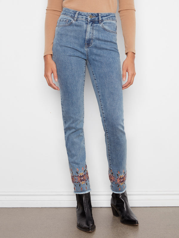 Embroidered Hem Slim Leg Jeans - Medium Blue
