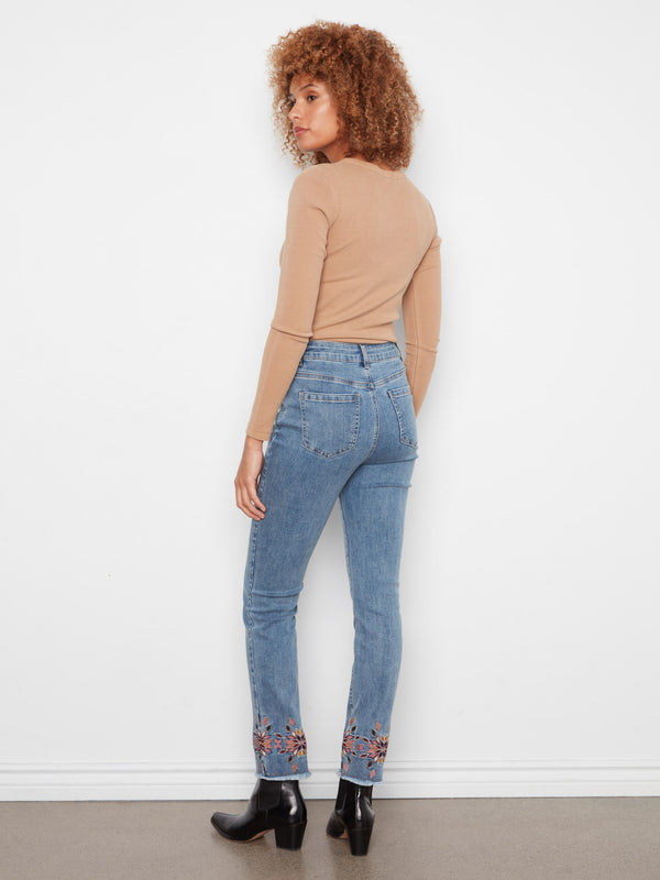 Embroidered Hem Slim Leg Jeans - Medium Blue