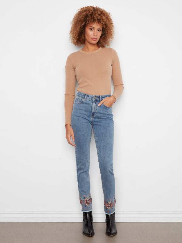 Embroidered Hem Slim Leg Jeans - Medium Blue