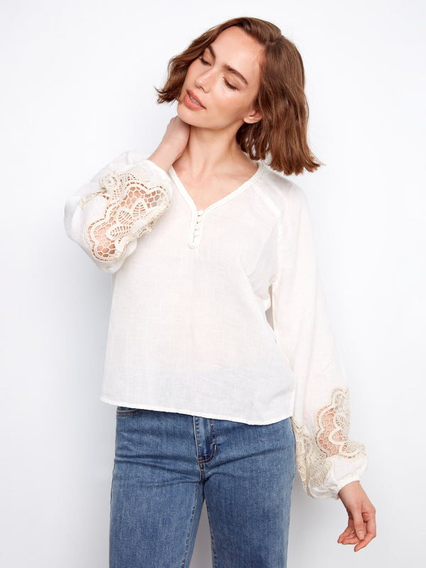 Embroidered Linen Blend Blouse - White