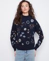 Navy sweater with a mock neck and drop shoulder design, adorned with floral embroidery for a stylish look by Charlie B.
