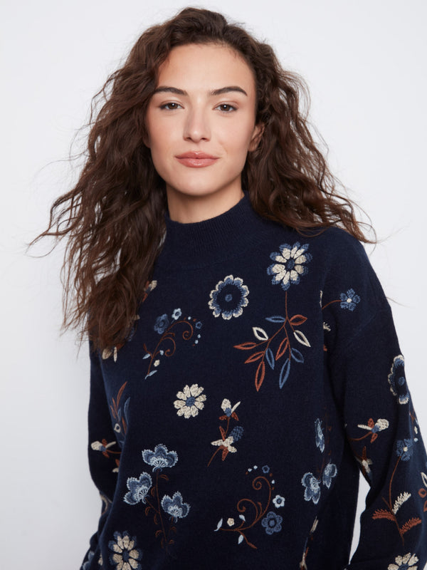 Embroidered Mock Neck Sweater - Navy