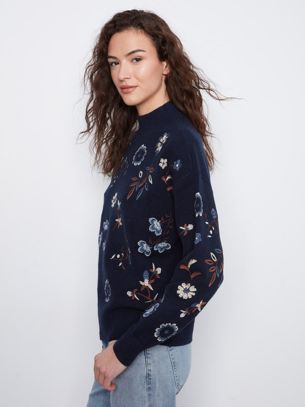 Embroidered Mock Neck Sweater - Navy
