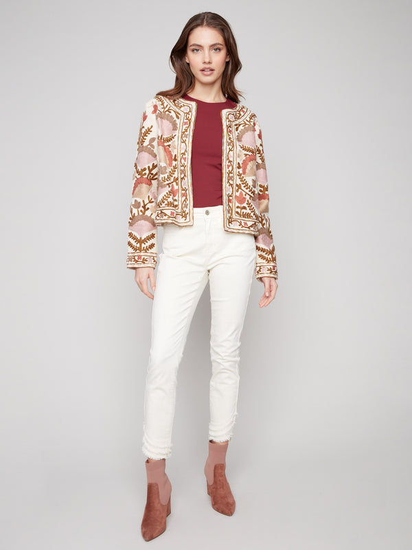 Elevate your style with this 100% cotton jacket, showcasing exquisite embroidery and an elegant design by Charlie B.