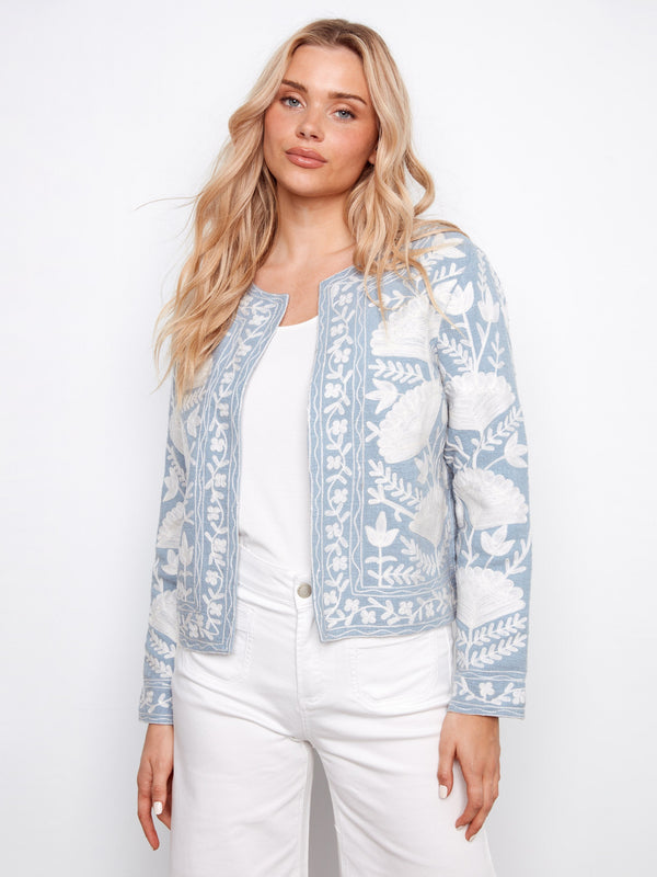 Light blue embroidered jacket in 100% cotton, featuring a floral design with set-in long sleeves by Charlie B.