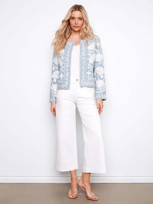 Floral patterned light blue jacket with set-in long sleeves, crafted from soft 100% cotton fabric by Charlie B.