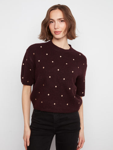 Soft brushed knit sweater with polka dot design and elbow-length balloon sleeves by Charlie B.