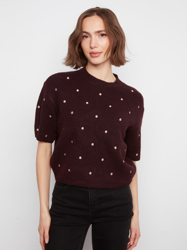 Soft brushed knit sweater with polka dot design and elbow-length balloon sleeves by Charlie B.