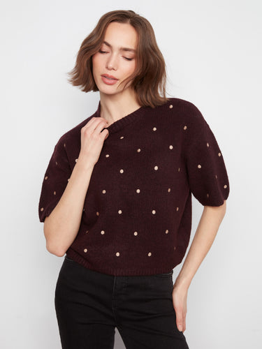 Heather-wine sweater featuring a mock neck and relaxed fit, adorned with polka dots by Charlie B.