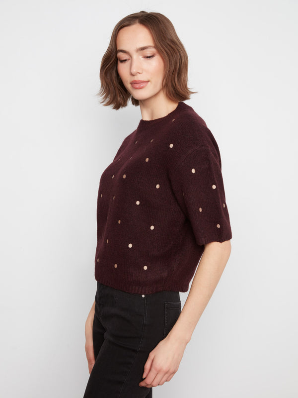 Embroidered Polka Dot Elbow Sleeve Knit Sweater - Heather Wine