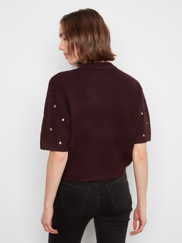 Relaxed fit heather-wine sweater with charming polka dot embroidery and soft texture by Charlie B.