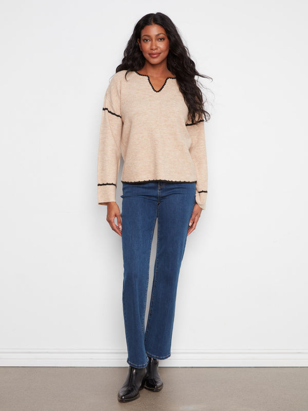 Embroidered Ribbed Sweater With Notch - Heather Almond
