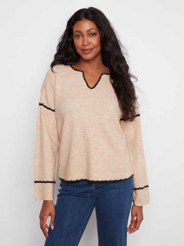 Embroidered Ribbed Sweater With Notch - Heather Almond