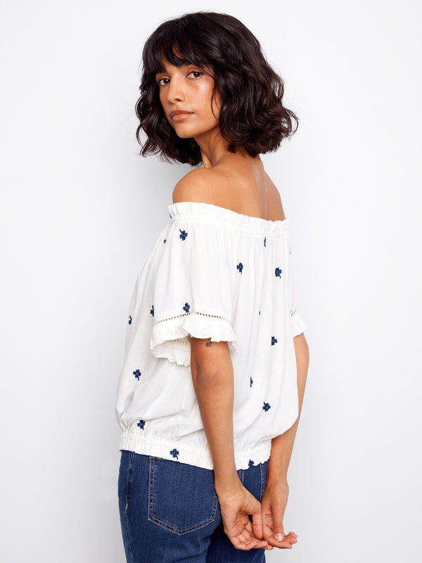 Embroidered Short Sleeve Off-Shoulder Blouse - White