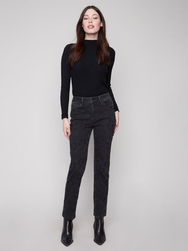 Charcoal jeans with a straight fit, showcasing intricate tonal embroidery and a stylish button closure by Charlie B.