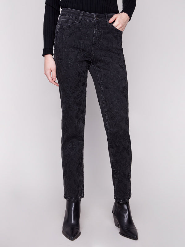 Featuring stretch denim, these charcoal jeans have a five-pocket design with elegant embroidery by Charlie B.
