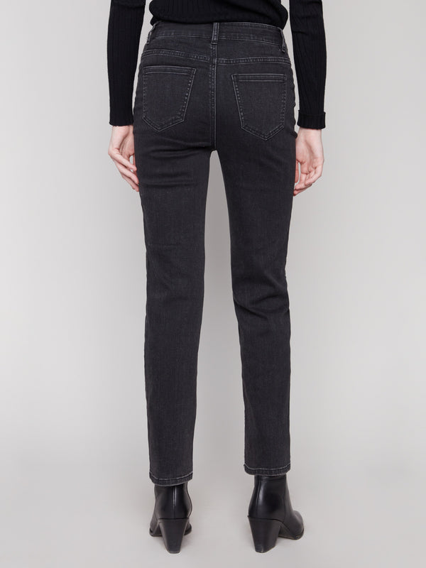 Designed with stretch denim, these charcoal jeans feature a classic five-pocket layout for versatile styling by Charlie B.