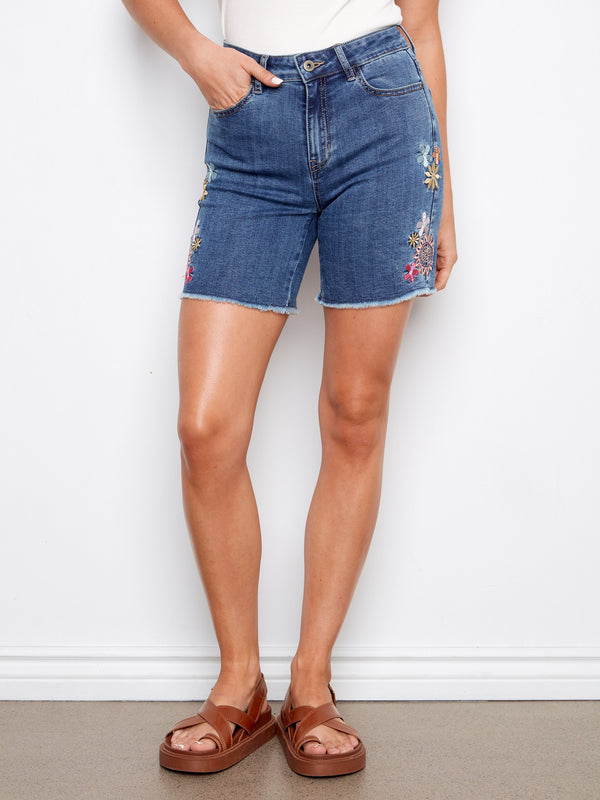 Embroidered Stretch Denim Shorts - Medium Blue