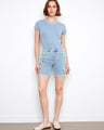 Denim shorts in light blue with intricate side embroidery, crafted from stretch fabric for comfort by Charlie B.
