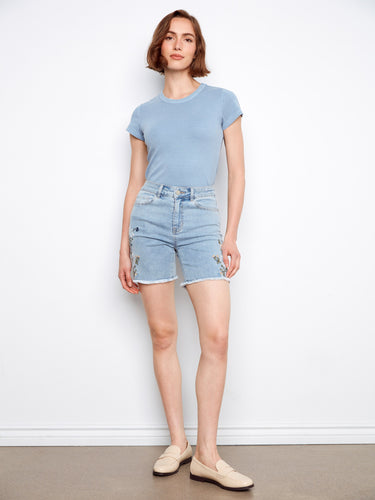 Chic light blue shorts in soft stretch denim with practical five-pocket styling by Charlie B.