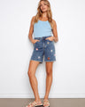 The shorts feature all over embroidery, adding a playful touch to the denim fabric by Charlie B.