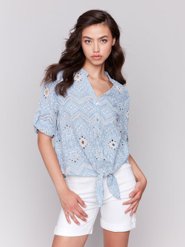 Blue cotton blouse with V-neck and front tie, perfect for casual wear by Charlie B.