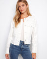 White eyelet denim jacket with frayed hem and button front, showcasing stylish flap pockets by Charlie B.