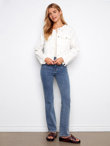Fashionable white denim jacket embellished with delicate eyelets, perfect for any occasion by Charlie B.