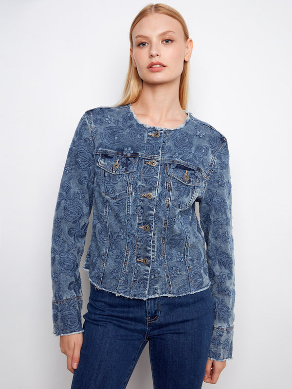Chic denim jacket with flap pockets on the chest for added convenience and style by Charlie B.