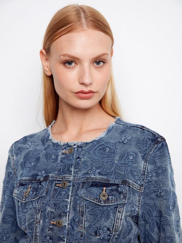 Frayed hem on this denim jacket gives it a trendy, edgy finish by Charlie B.