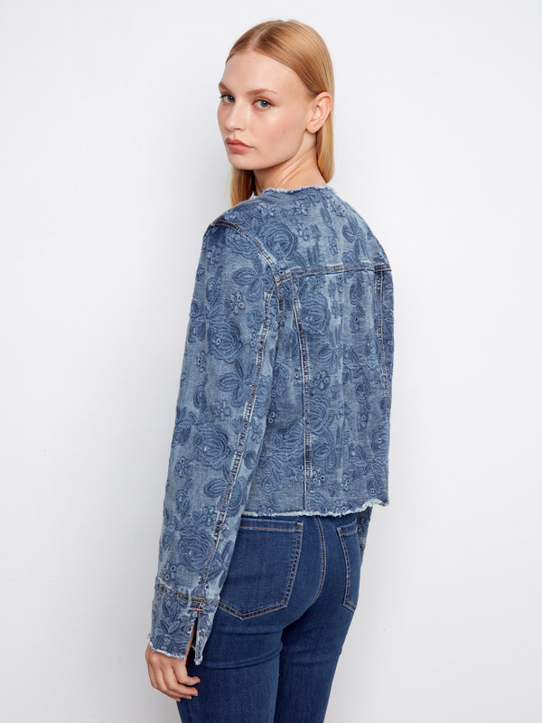 Eyelet Stretch Denim Jacket - Medium Blue