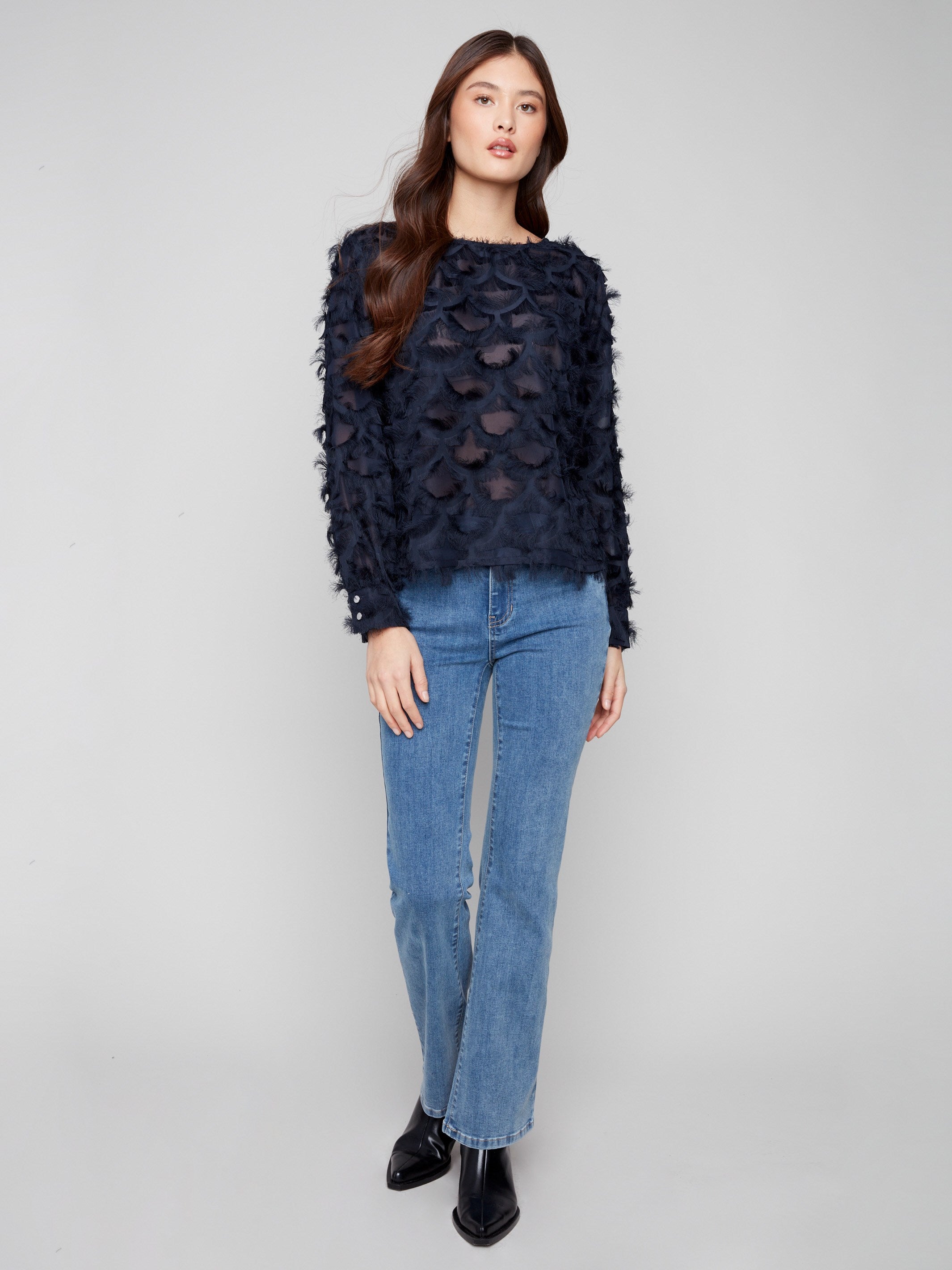 Chiffon blouse in navy with an exquisite decorative pattern, perfect for adding texture to your wardrobe by Charlie B.