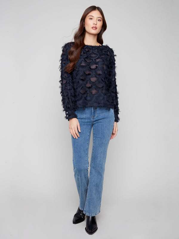 Chiffon blouse in navy with an exquisite decorative pattern, perfect for adding texture to your wardrobe by Charlie B.