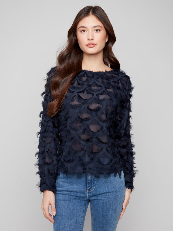 Sophisticated navy chiffon blouse with textured pattern and classic design elements to elevate your wardrobe by Charlie B.