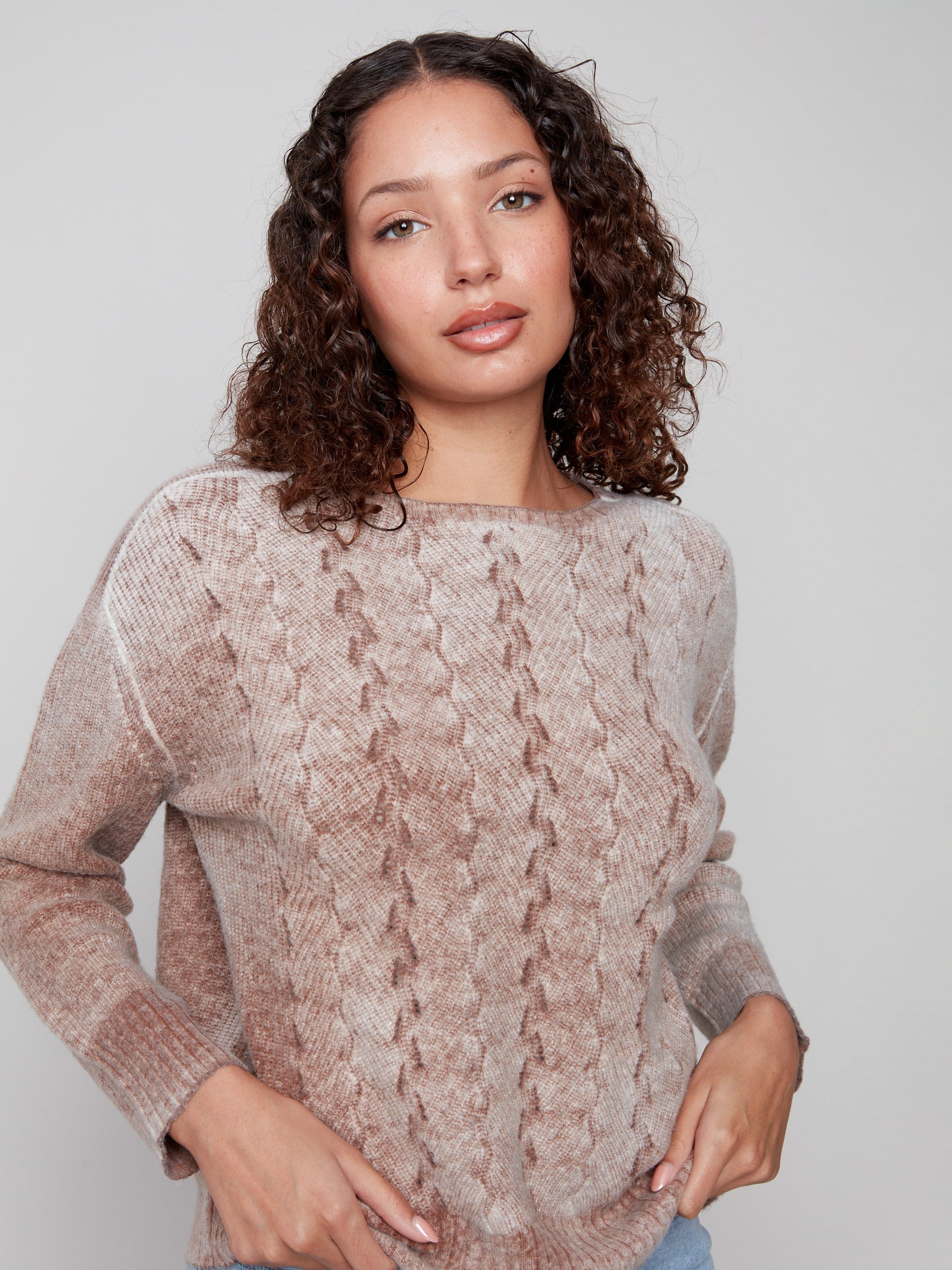 Elegant sepia sweater showcasing a front cable knit design, perfect for any occasion by Charlie B.