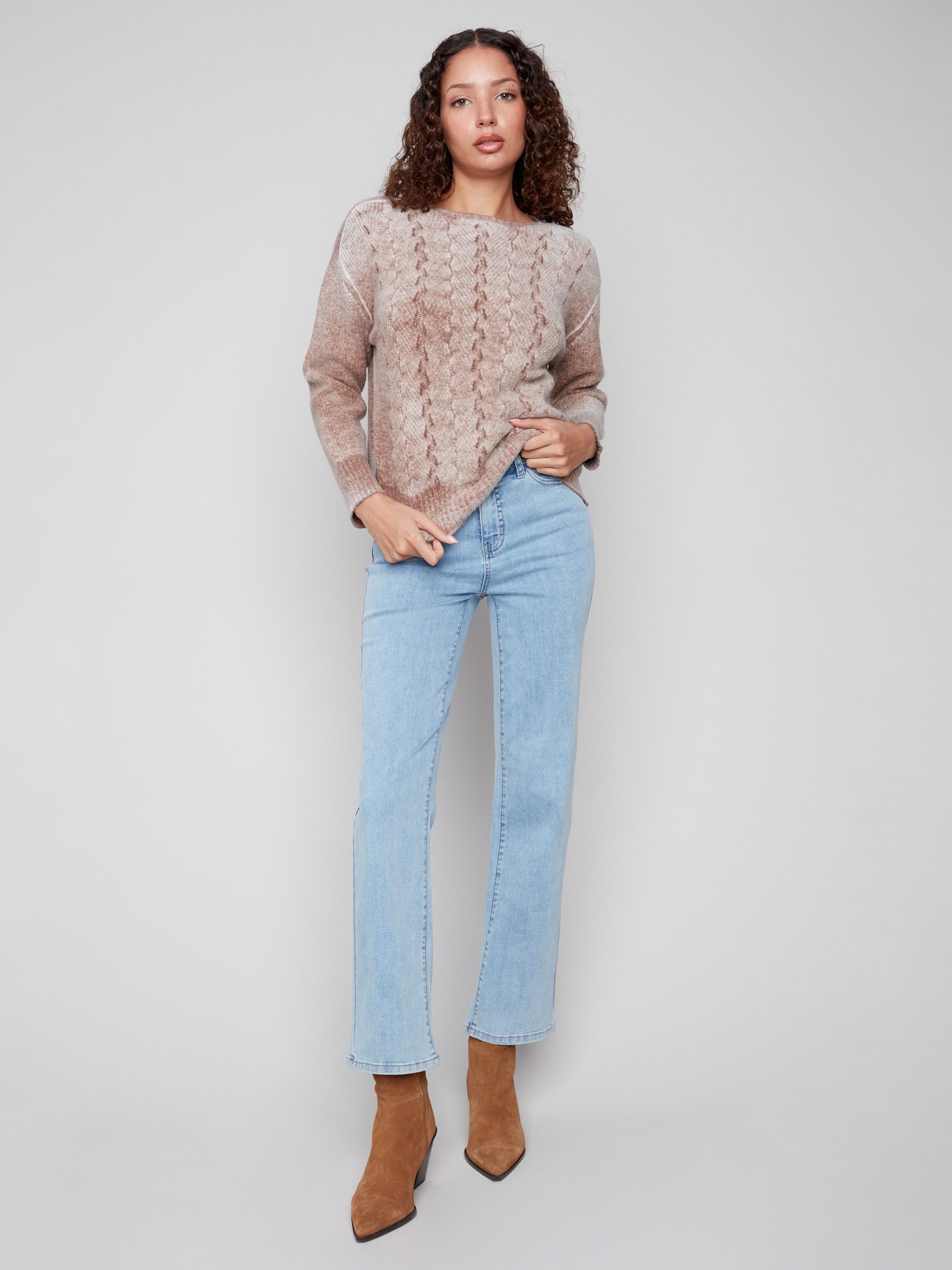 Stylish crew neck sweater in sepia with beautiful ribbed cuffs and hem details by Charlie B.