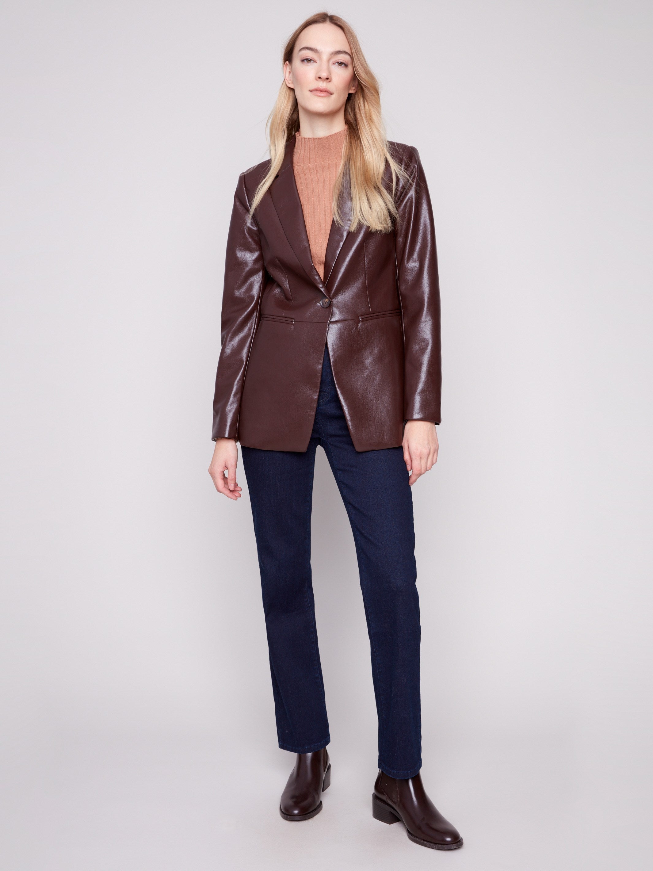Cabernet faux leather blazer featuring princess seams and a sleek design, perfect for any occasion by Charlie B.