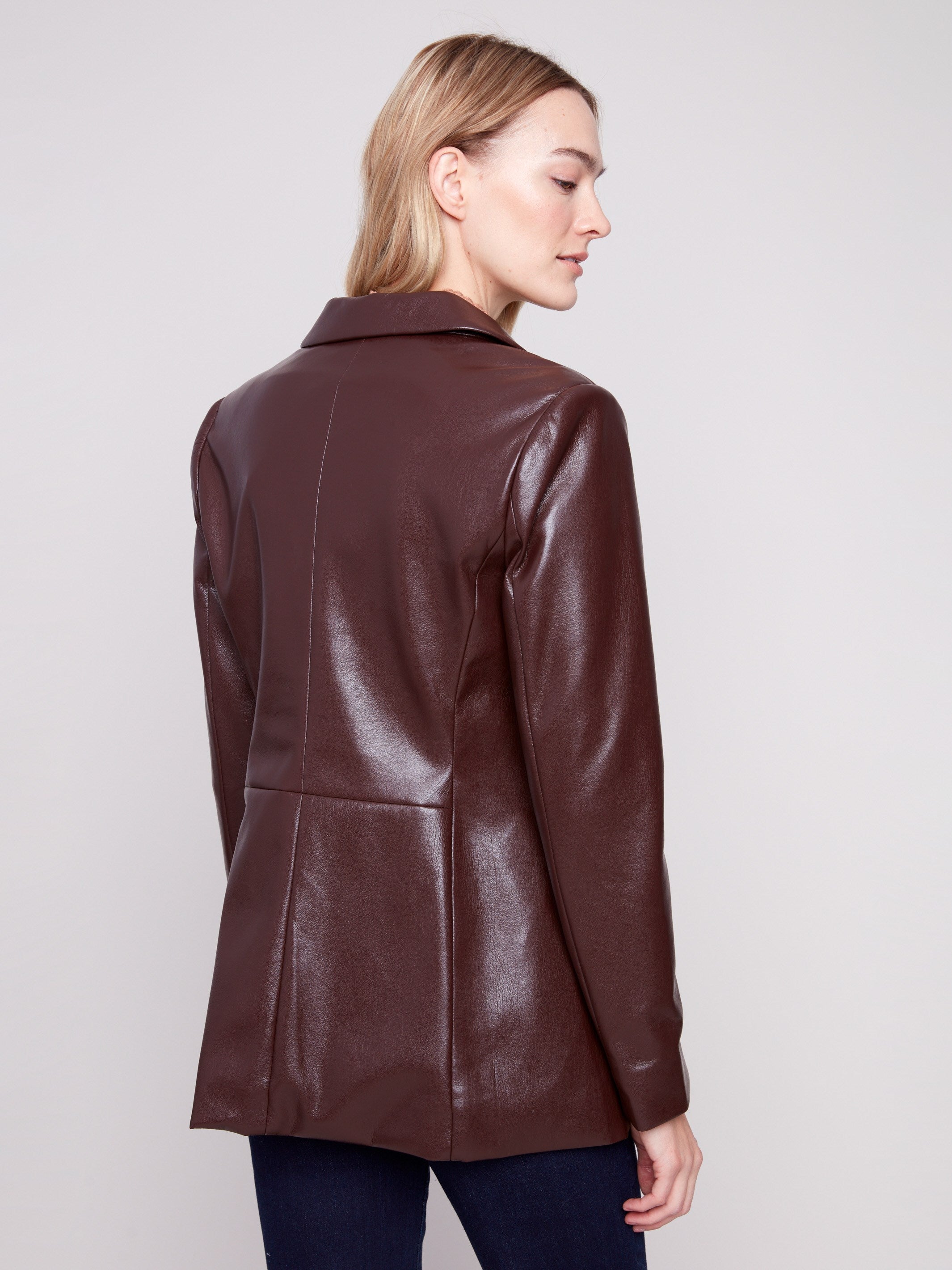 Faux leather blazer in rich cabernet with tailored princess seams and modern welt pockets for a chic look by Charlie B.