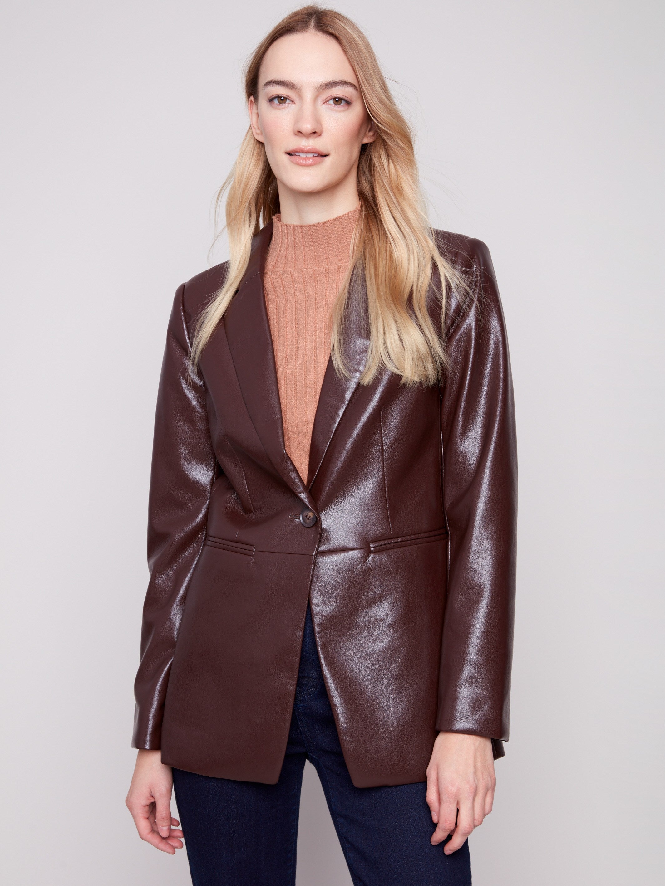 Elegant cabernet blazer with refined one button closure, showcasing timeless style and sophistication by Charlie B.