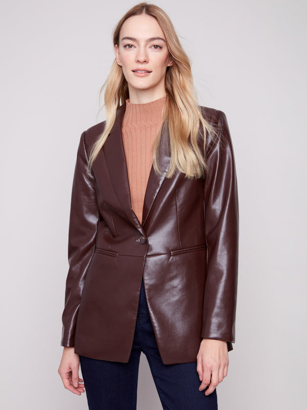 Elegant cabernet blazer with refined one button closure, showcasing timeless style and sophistication by Charlie B.