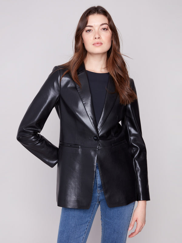 Black faux leather blazer with princess seams, offering a sleek silhouette and chic style by Charlie B.