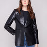 Black faux leather blazer with princess seams, offering a sleek silhouette and chic style by Charlie B.