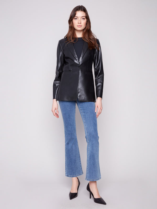 Tailored black faux leather blazer featuring a lapel notch collar for an elegant touch by Charlie B.