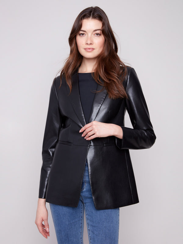 Stylish black faux leather blazer with one button closure, perfect for a sophisticated look by Charlie B.