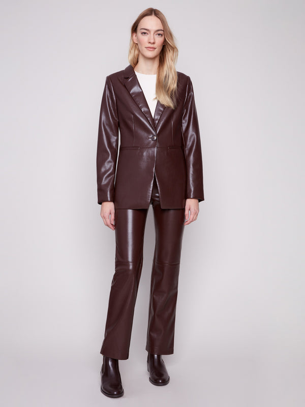 Cabernet pull-on pants in faux leather, designed with back welt pockets for added style by Charlie B.
