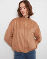 Faux suede bomber jacket in latte with a relaxed fit and elegant satin lining by Charlie B.