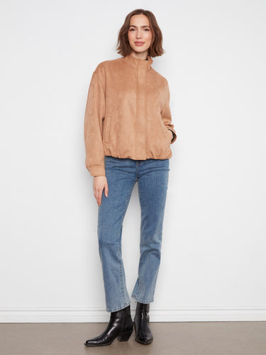 Latte faux suede bomber jacket featuring an elastic hem for added comfort by Charlie B.